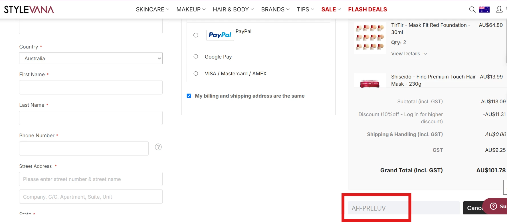 Stylevana verified Coupon code AFFPRELUV